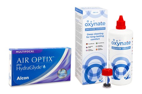 Air Optix Plus Hydraglyde Multifocal (3 šošovky) + Oxynate Peroxide 380 ml s puzdrom